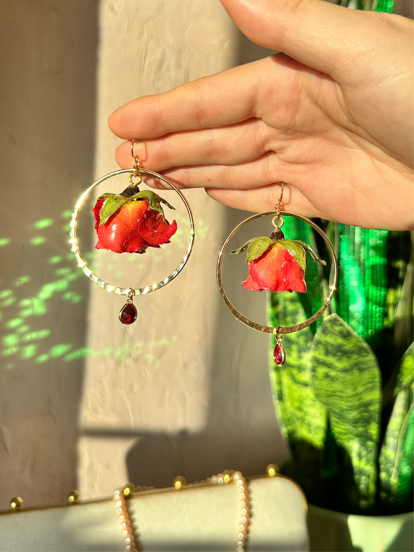 Red Rose Hoop Dangles