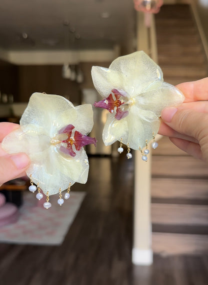 Large Sideways Pearl Orchid Earrings