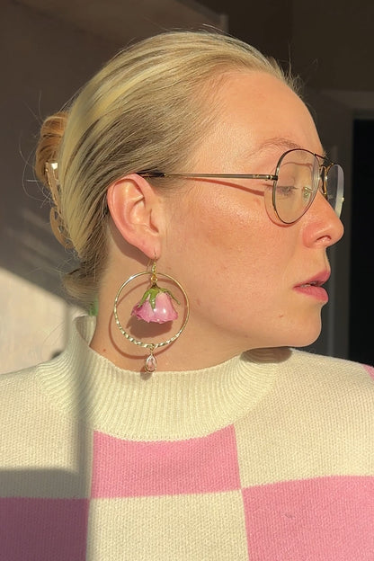 Pink Rose Hoops Dangles