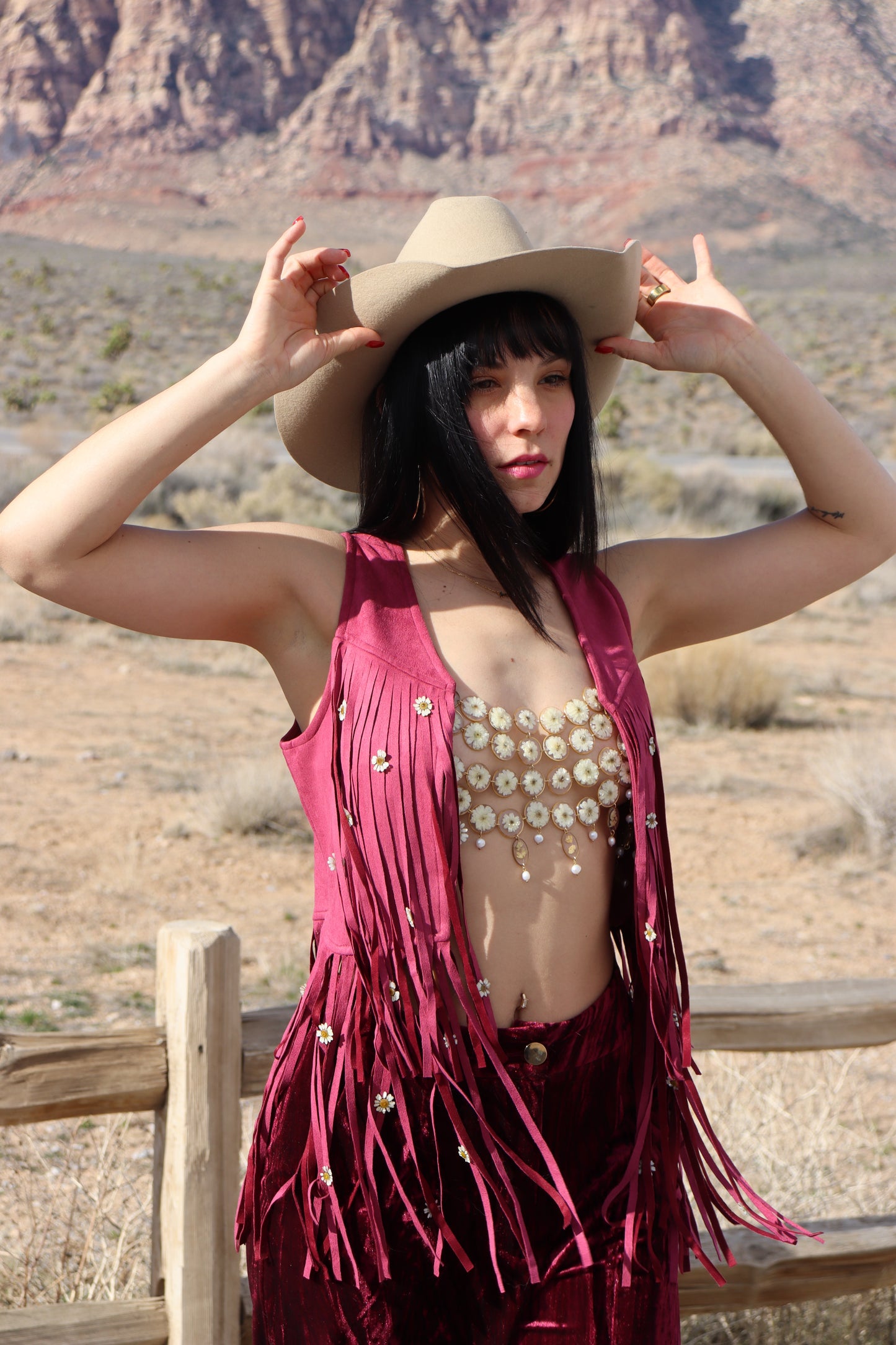 Burgundy Suede Chamomile Fringe Vest