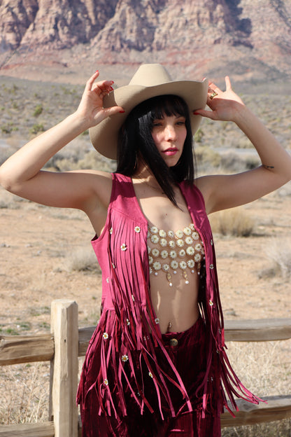 Burgundy Suede Chamomile Fringe Vest