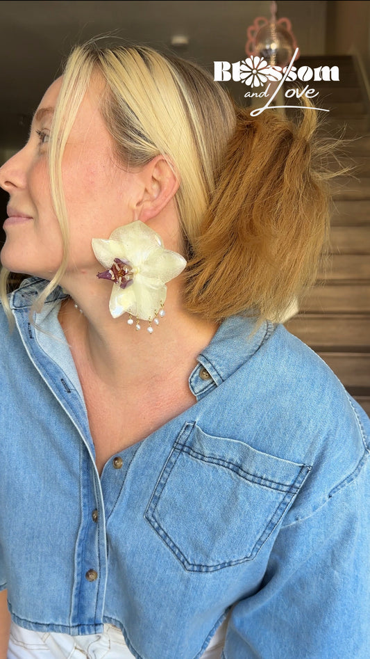 Large Sideways Pearl Orchid Earrings