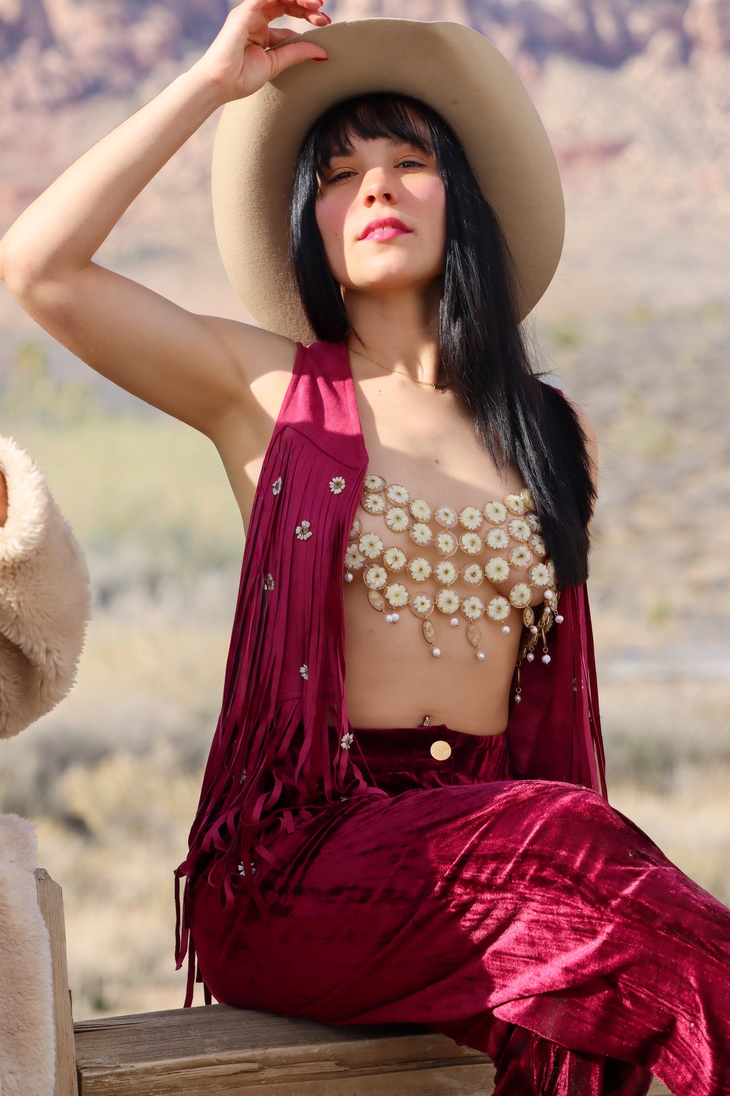 Burgundy Suede Chamomile Fringe Vest