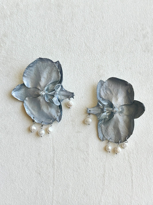 Silver Pearl Orchid Earrings