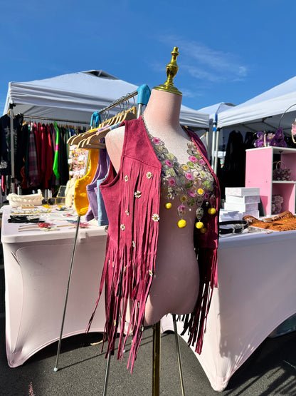 Burgundy Suede Chamomile Fringe Vest