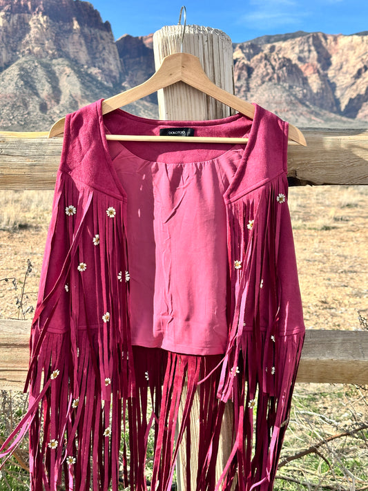 Burgundy Suede Chamomile Fringe Vest