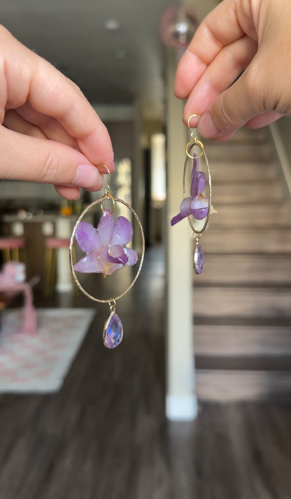 Mini Purple Dendrobium Orchid Hoop Dangles