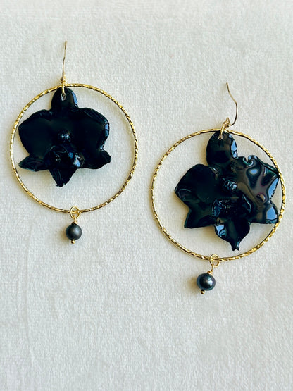 Black Orchid Pearl Hoops Dangles