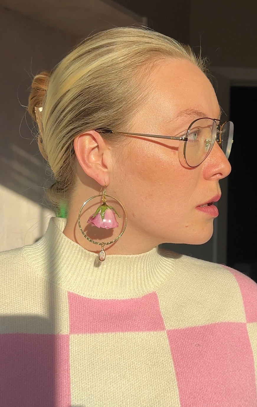 Pink Rose Hoops Dangles