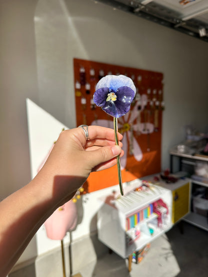 White and Blue Pansy Hair Stick