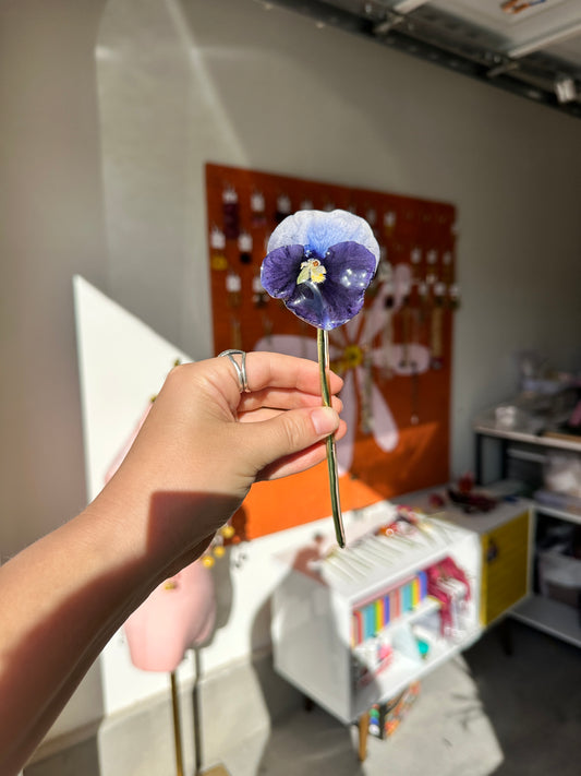 White and Blue Pansy Hair Stick