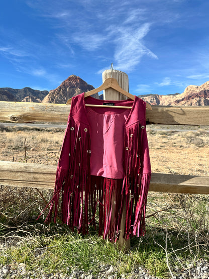 Burgundy Suede Chamomile Fringe Vest