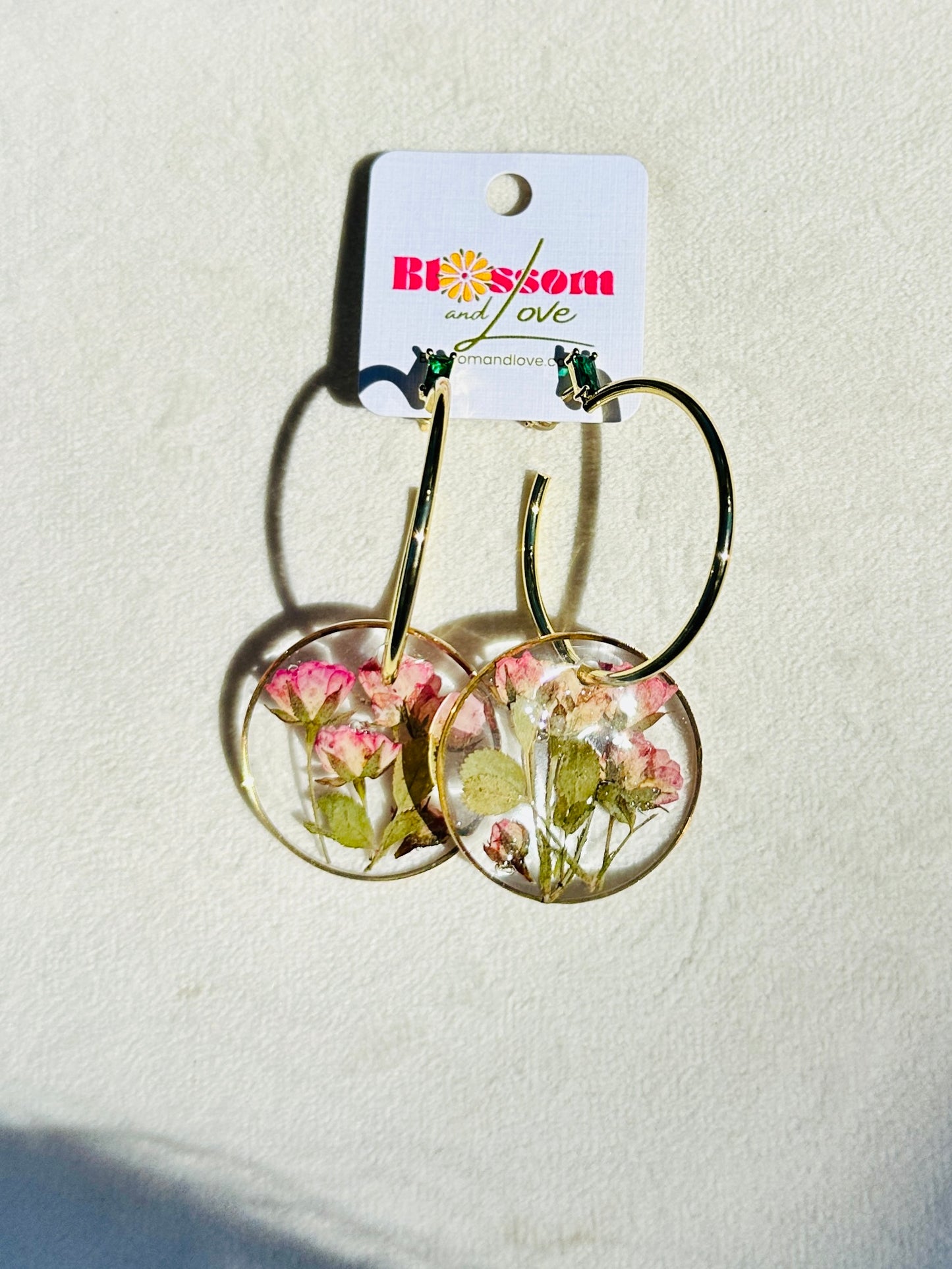 Pink Rose with Emerald Hoops