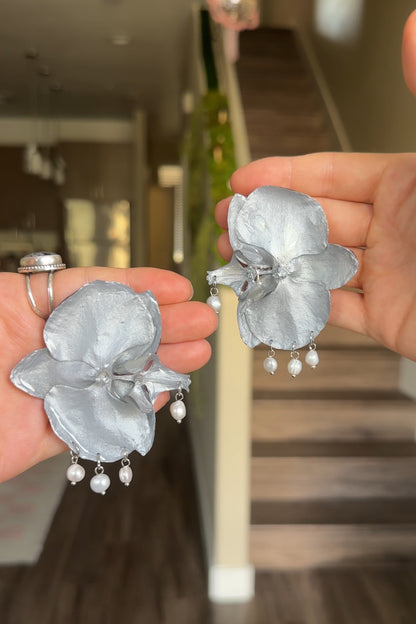 Silver Pearl Orchid Earrings