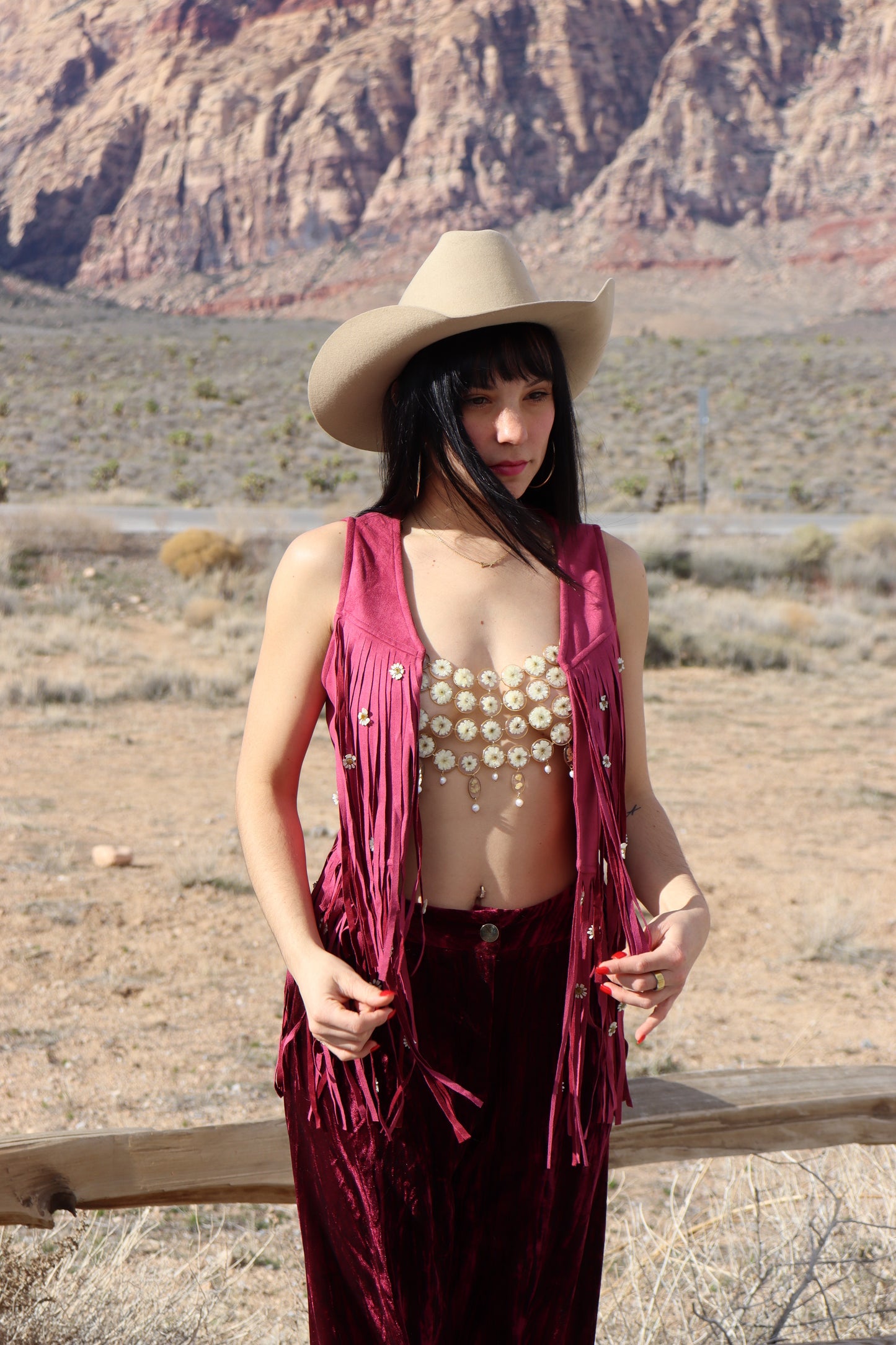 Burgundy Suede Chamomile Fringe Vest