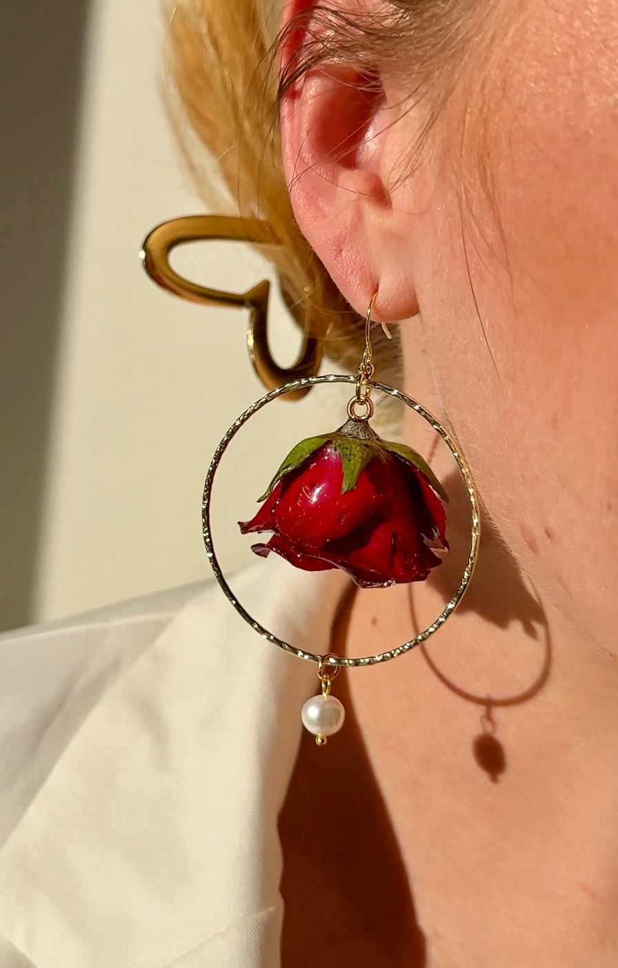 Red Rose Hoop Dangles