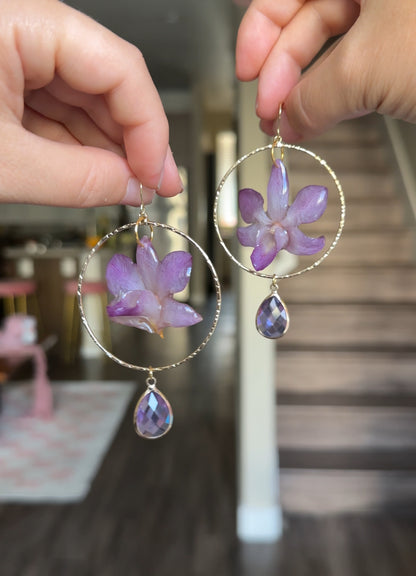 Mini Purple Dendrobium Orchid Hoop Dangles